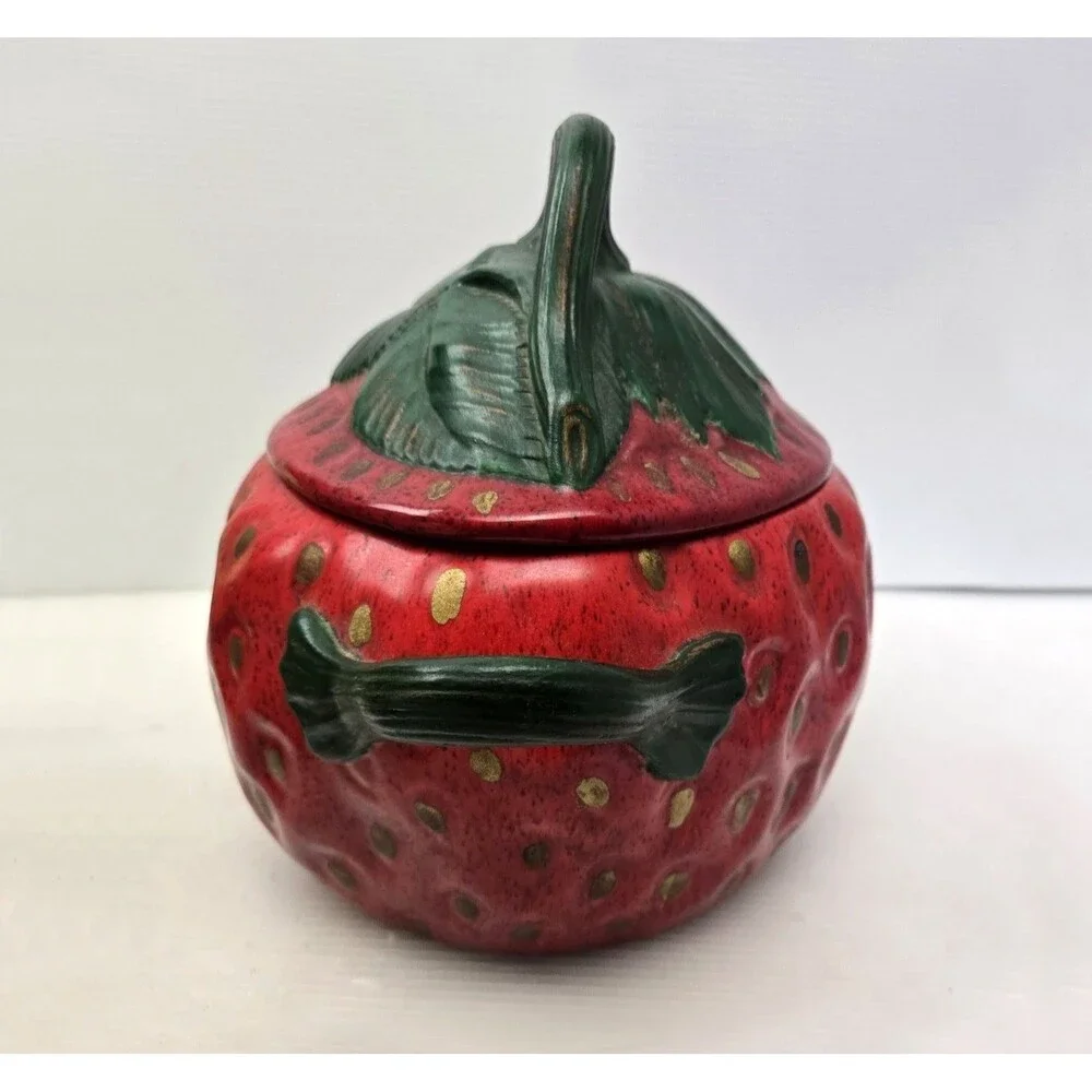 Vintage 1970s Ceramic Strawberry  Serving Bowl Cookie Jar w/ Lid 11